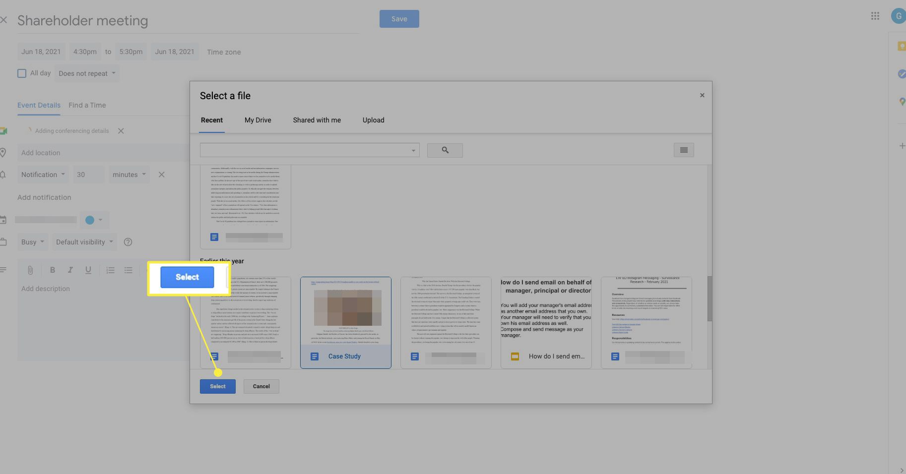 Google Agenda-item met Drive open en Select gemarkeerd