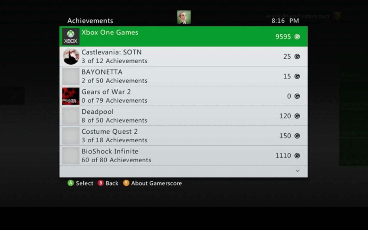 Prestaties-menu op Xbox 360.