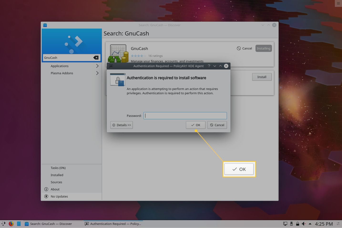 KDE Discover-verificatievenster.
