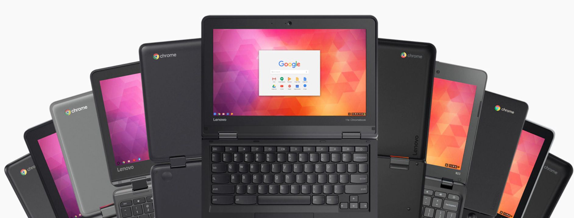 Lenovo Chromebooks weergegeven in een waaierweergave.