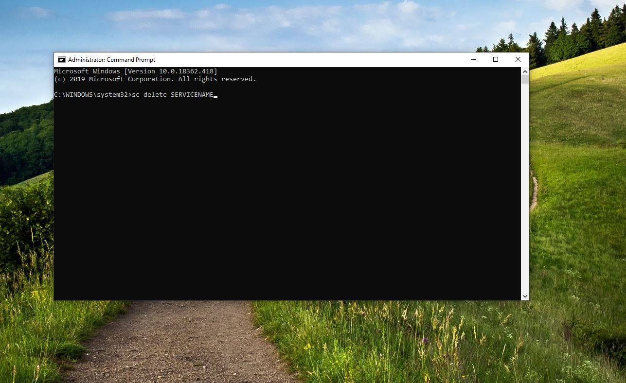 Screenshot van "sc delete servicename" in het opdrachtpromptvenster