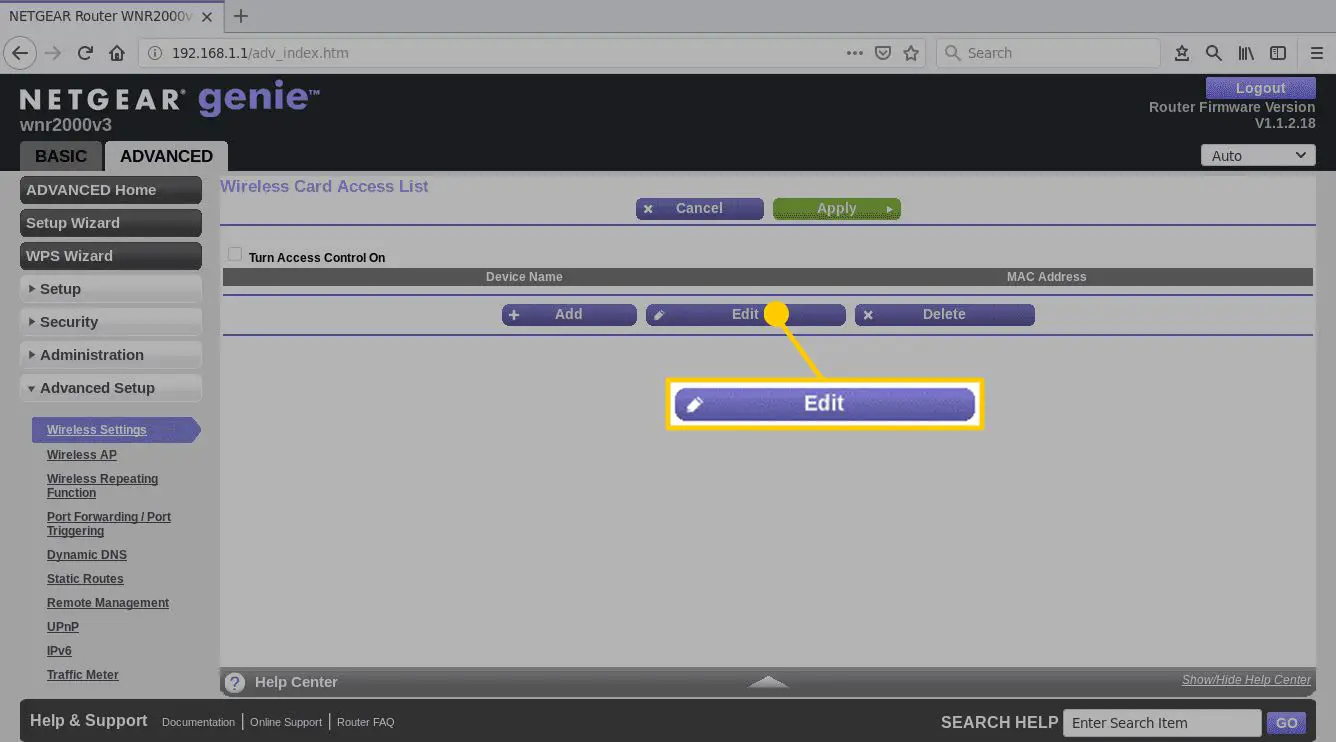 Netgear genie web-UI-pagina voor geavanceerde draadloze instellingen in de Firefox-browser