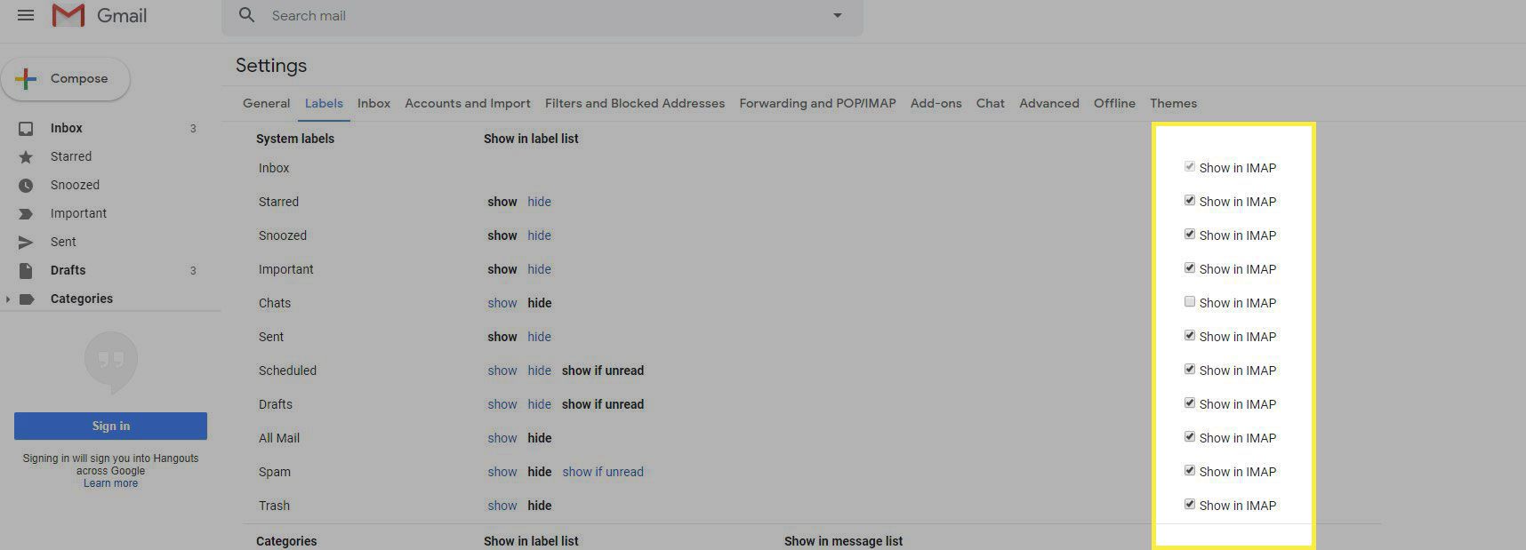 Een screenshot van het gedeelte Labels van Gmail-instellingen met de optie Weergeven in IMAP gemarkeerd