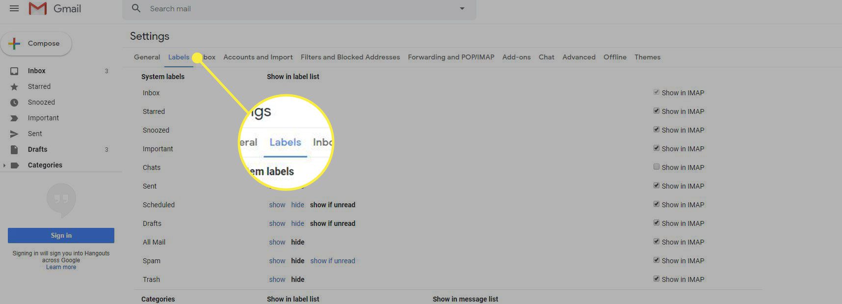 Een screenshot van Gmail-instellingen met de kop Labels gemarkeerd