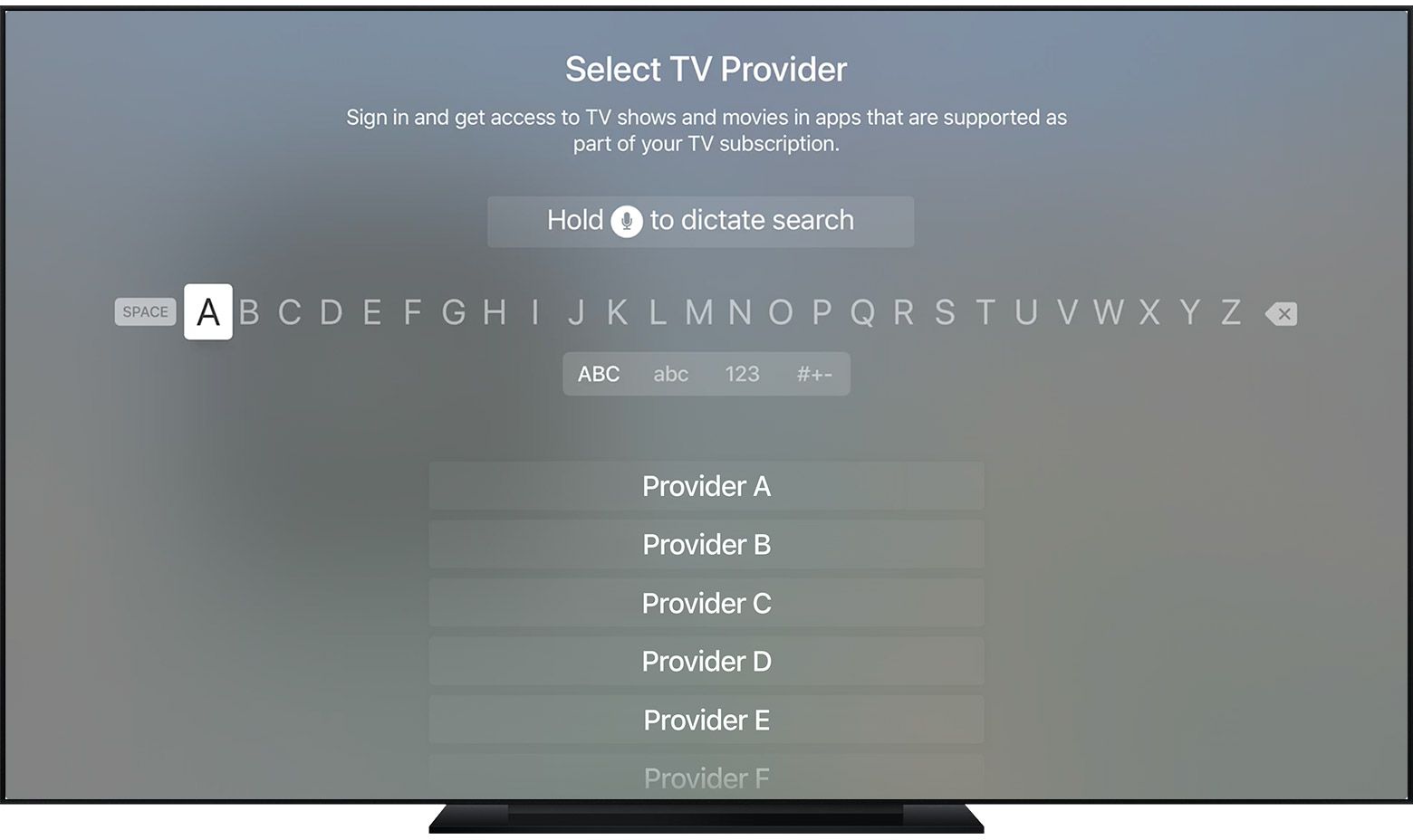 Uw tv-aanbieder selecteren voor Single Sign-On op Apple TV.