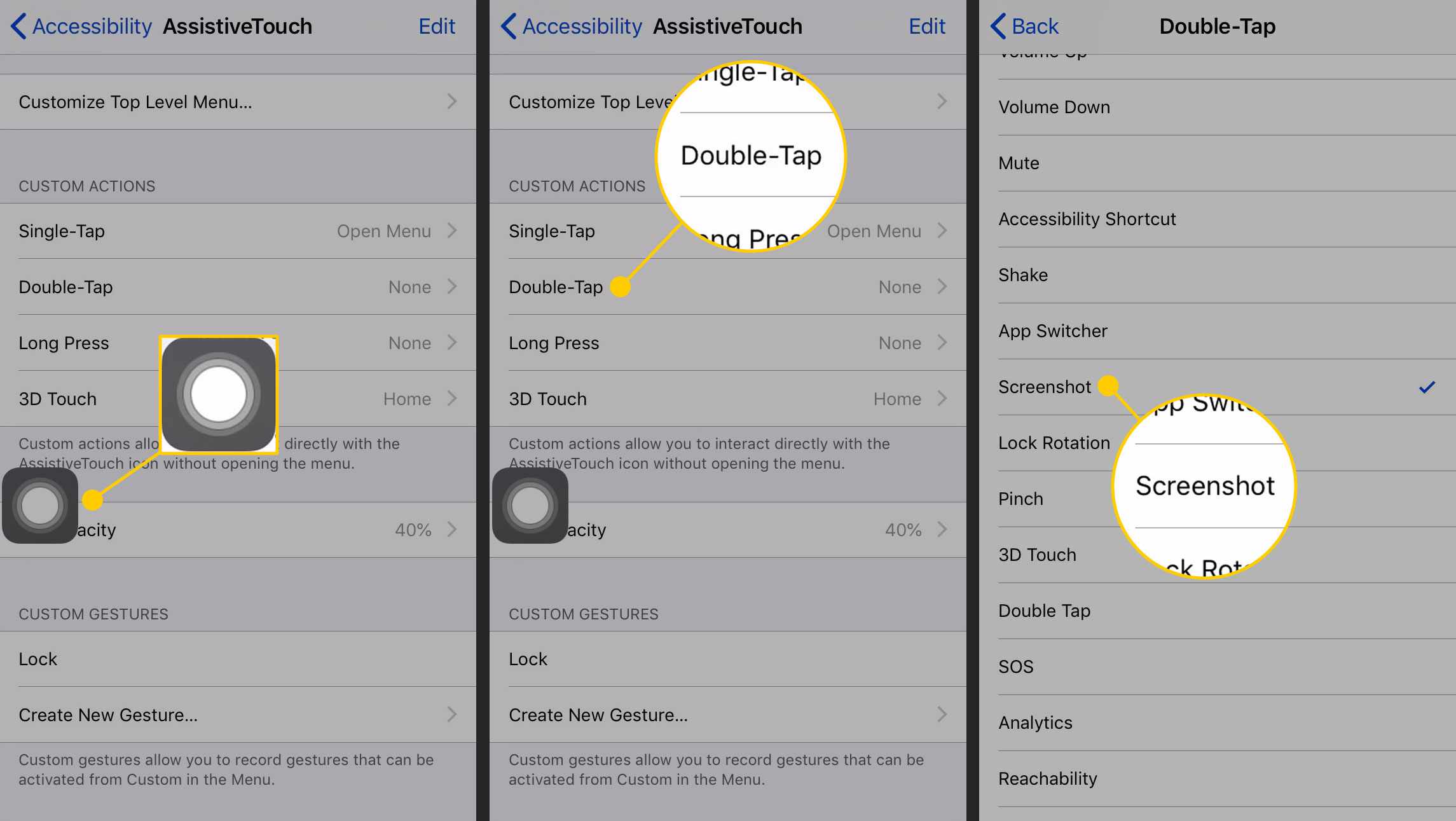 Dubbeltikken toewijzen om een ​​screenshot te maken in AssistiveTouch op een iPhone
