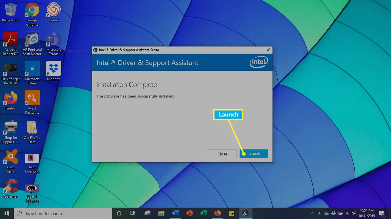 Intel Driver installatiescherm met Launch gemarkeerd