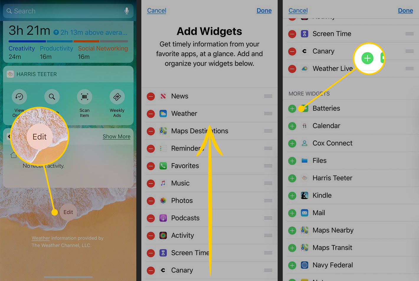 Berichtencentrum op iOS met de knoppen Bewerken en Widget toevoegen gemarkeerd