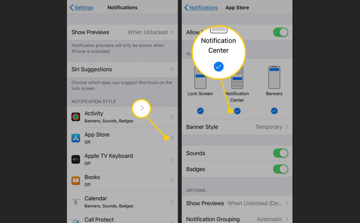 Meldingenscherm voor een app in iOS-instellingen