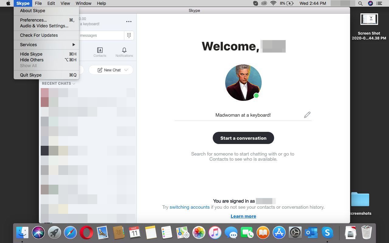 Het Skype-menu selecteren in macOS.