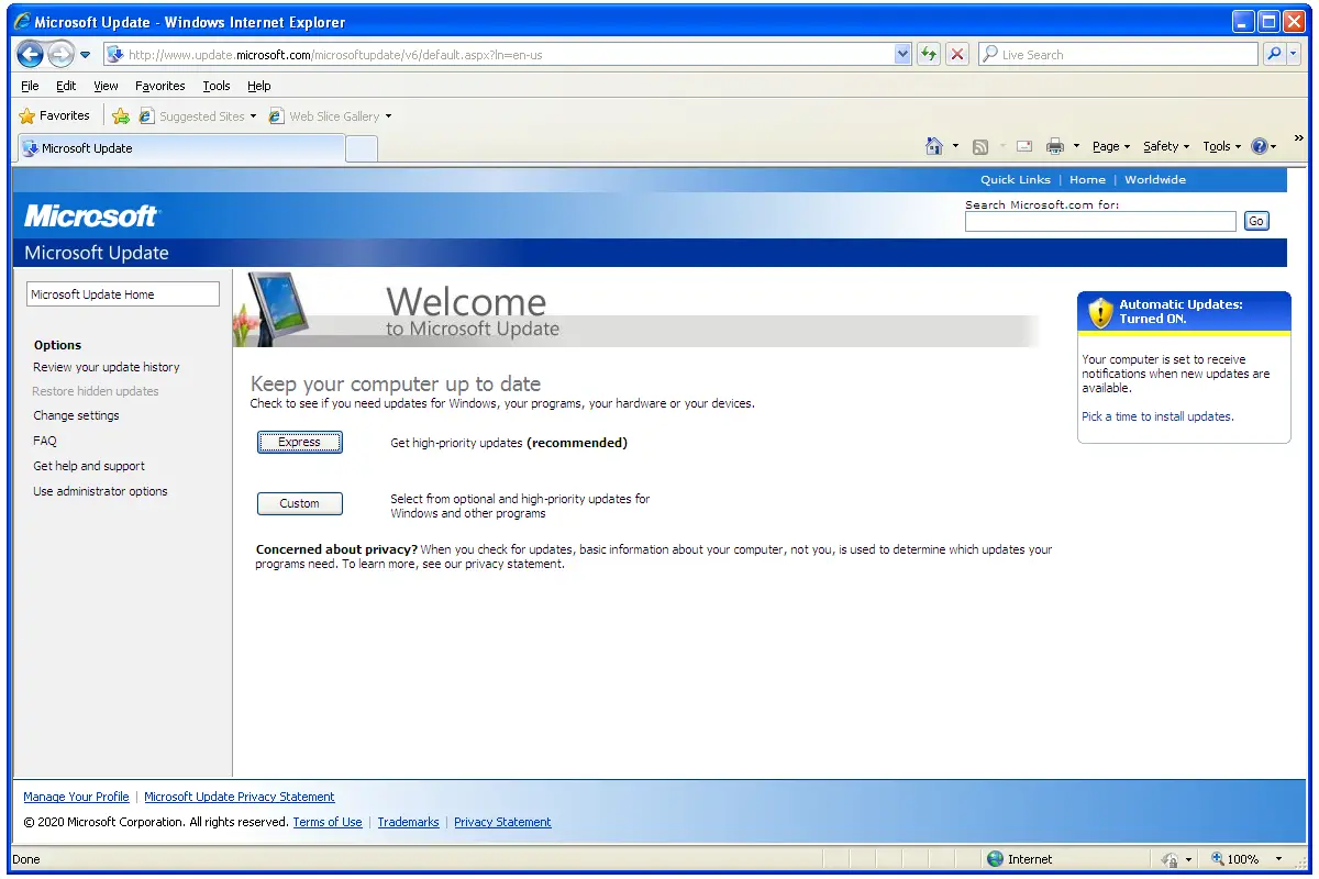 Windows Update-website in Windows XP