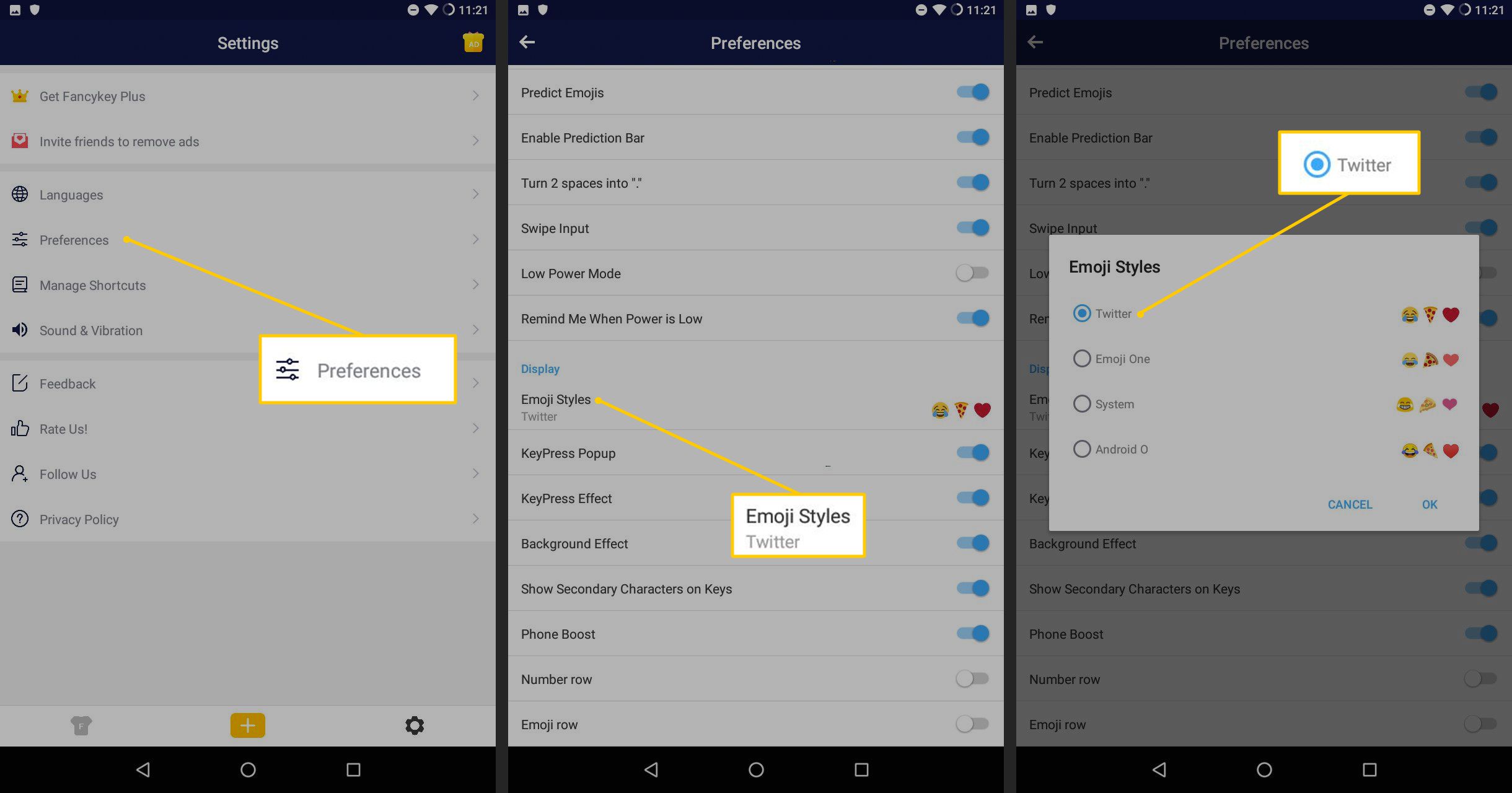 Voorkeuren, Emoji-stijlen, Twitter-aanvinkvakje in FancyKey voor Android