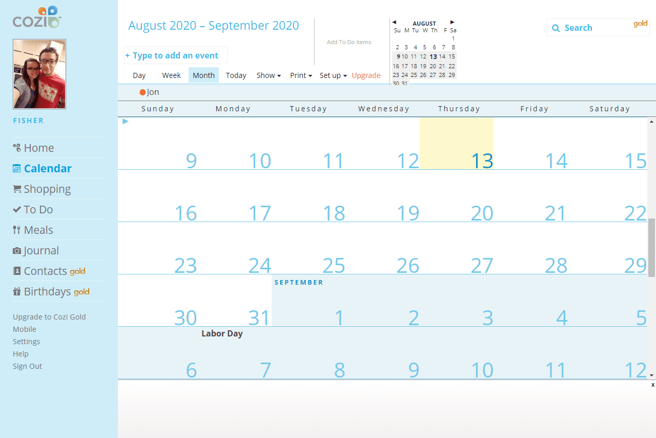 Cozi-kalender in maandweergave