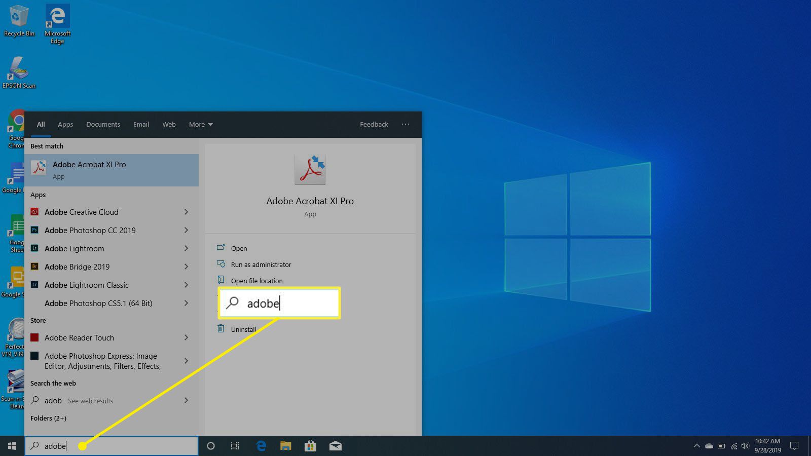 Zoeken naar Adobe Acrobat in Windows 10