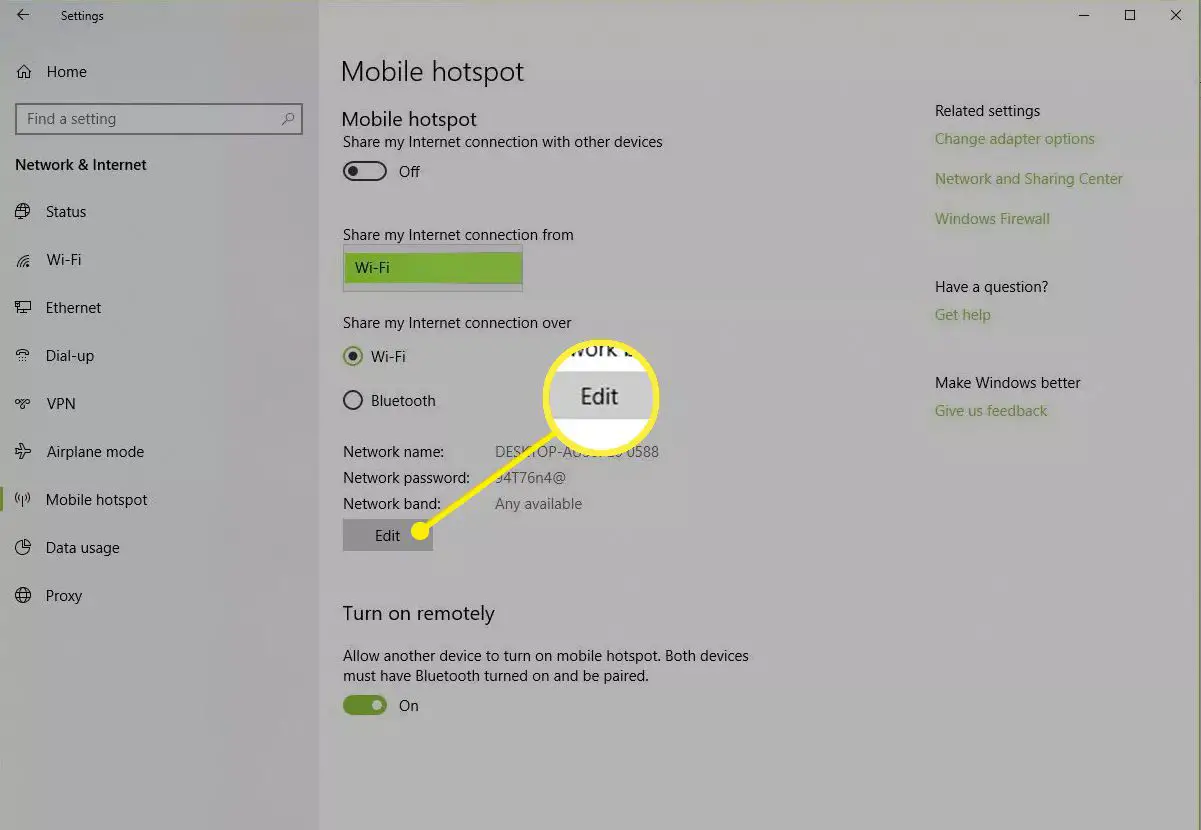 Knop Bewerken in de instellingen voor mobiele hotspot in Windows