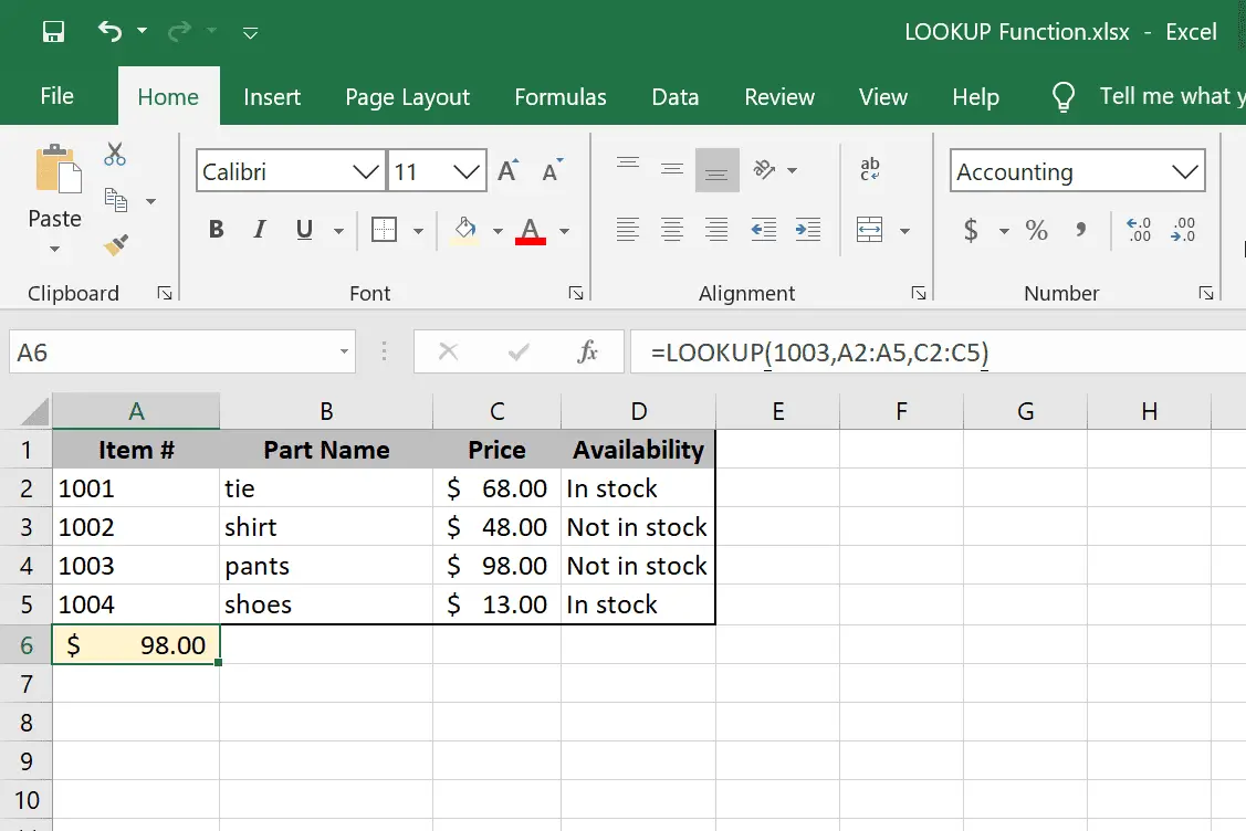 LOOKUP Excel-functievoorbeeld