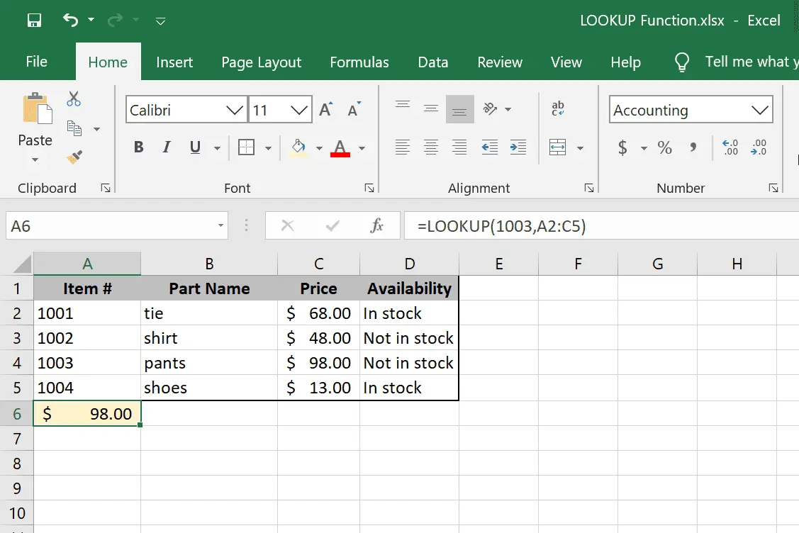 LOOKUP matrixfunctie voorbeeld in Excel