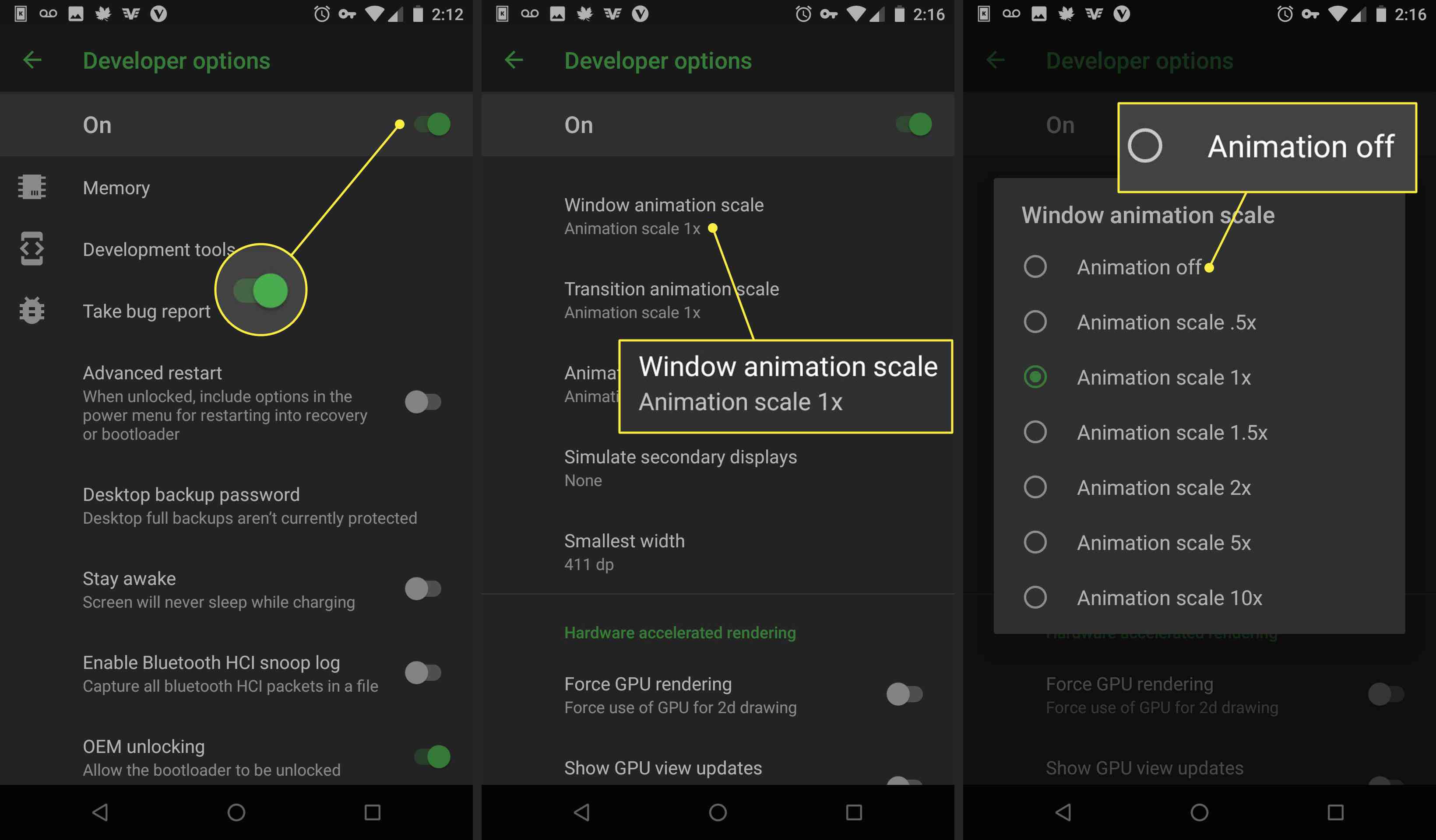 Schermafbeeldingen van een Android-telefoon die laten zien hoe u vensteranimatie uitschakelt