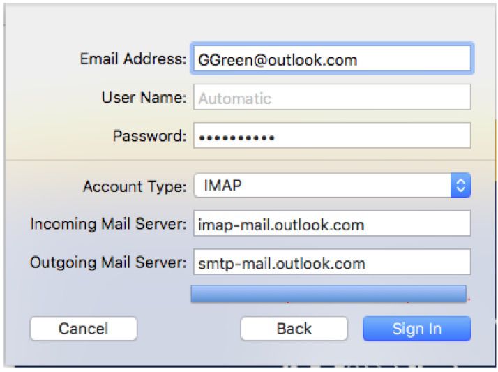 Screenshot van het toevoegen van Outlook.com aan Apple Mail