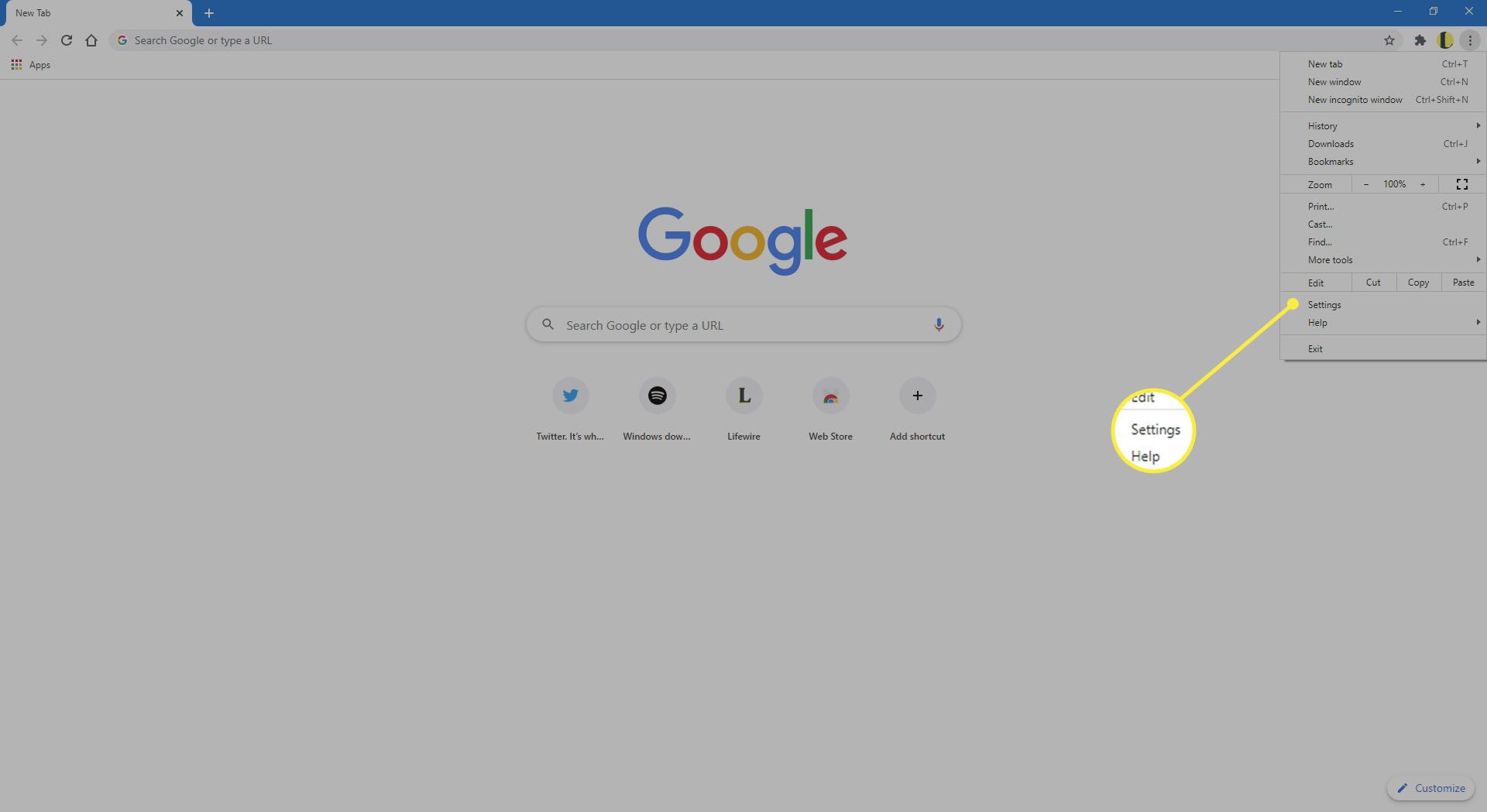 Chrome met de opdracht Instellingen gemarkeerd