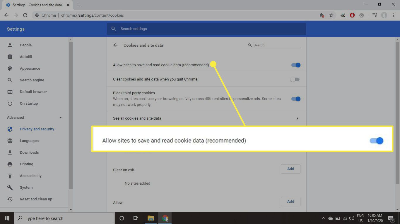 De optie Sites toestaan ​​cookiegegevens op te slaan en te lezen