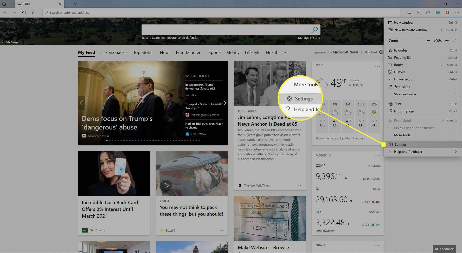 Microsoft Edge met de optie Instellingen gemarkeerd