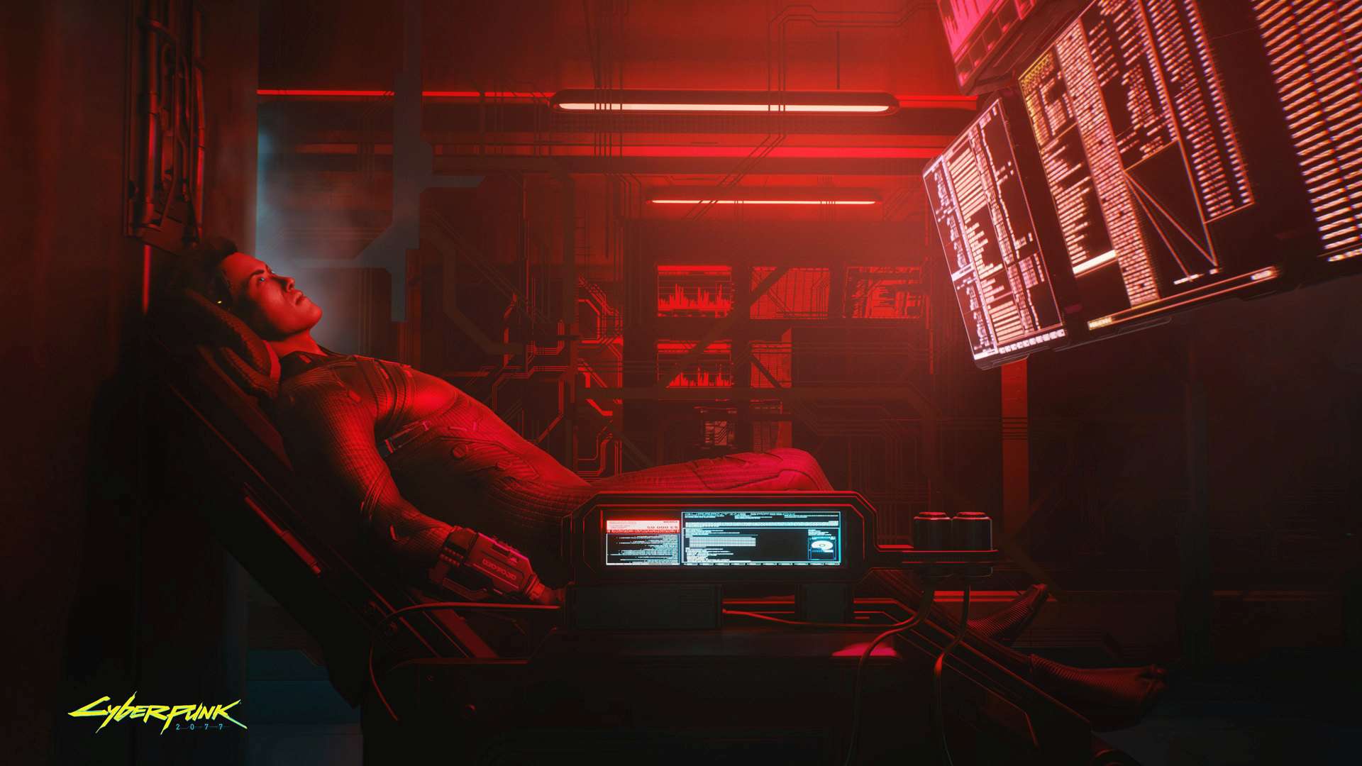 Cyberpunk 2077-personage rustend in een stoel in een met schermen gevulde rode kamer