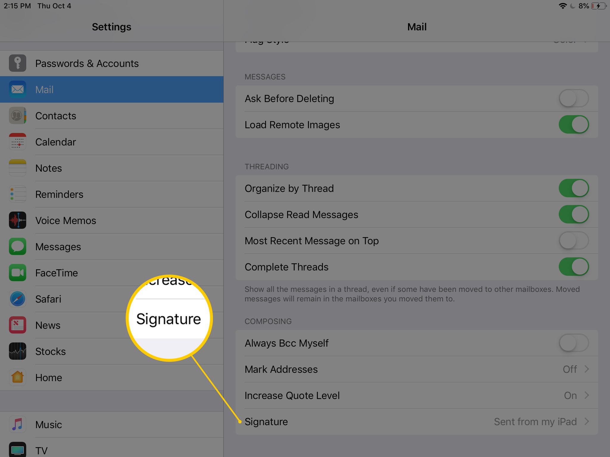 Handtekeninggebied in Mail-instellingen in de app Instellingen op iPad