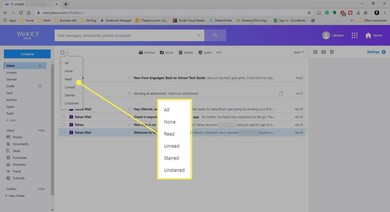 Een screenshot van een Yahoo Mail-inbox met de selectie-opties gemarkeerd