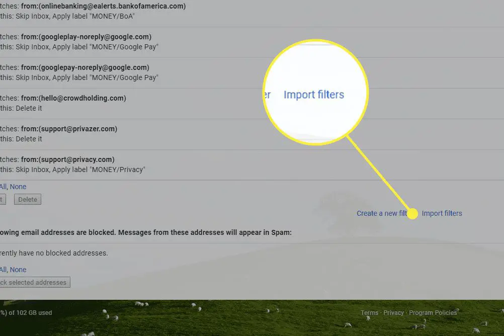 Een screenshot van de filterinstellingen van Gmail met de knop Filters importeren gemarkeerd