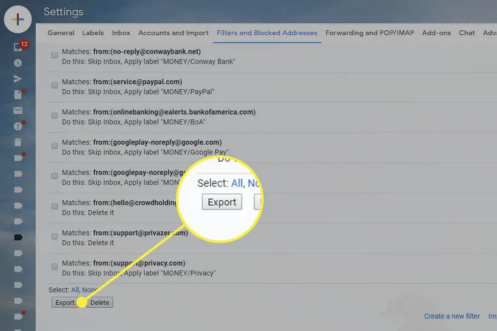 Een screenshot van de filterinstellingen van Gmail met de knop Exporteren gemarkeerd