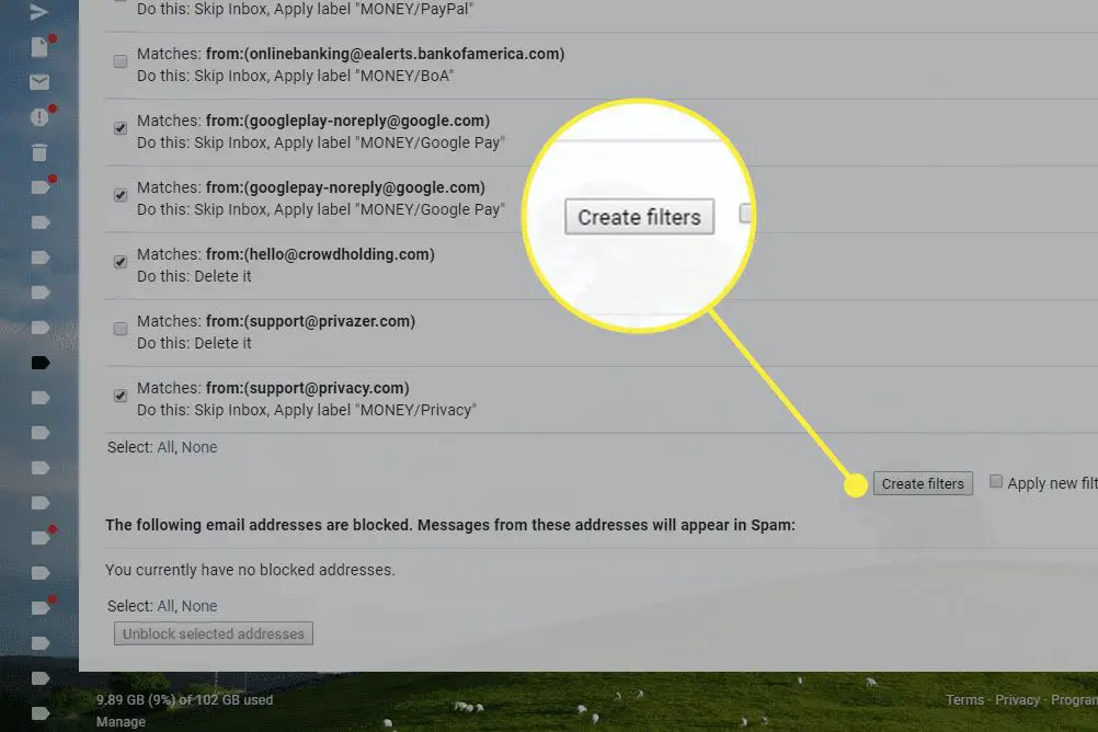 Een screenshot van de filterinstellingen van Gmail met de knop Filters maken gemarkeerd