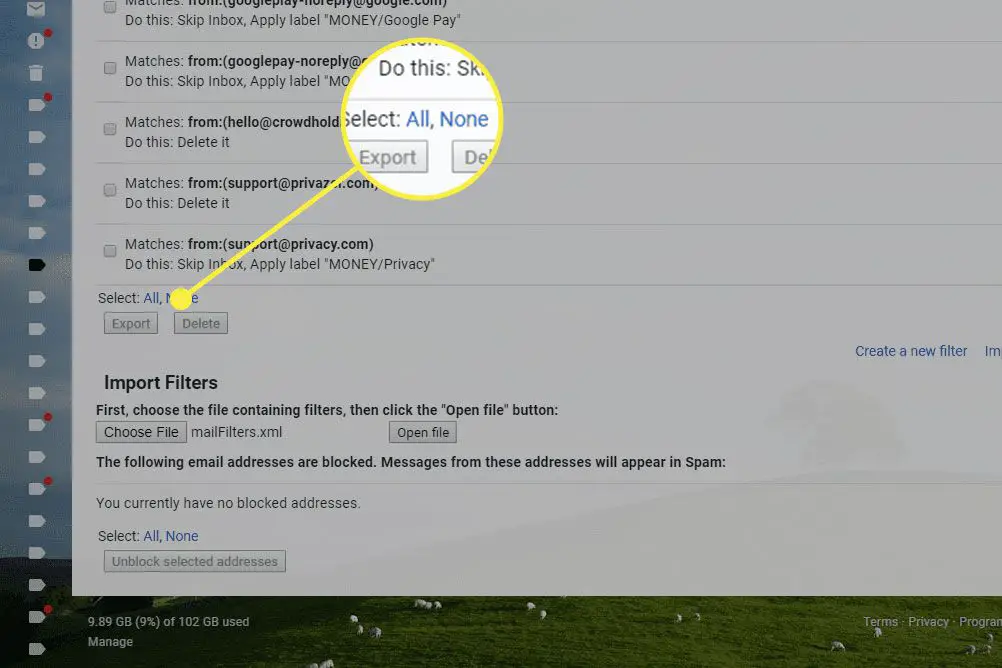 Een screenshot van de filterpagina van Gmail met de knop Alles selecteren gemarkeerd