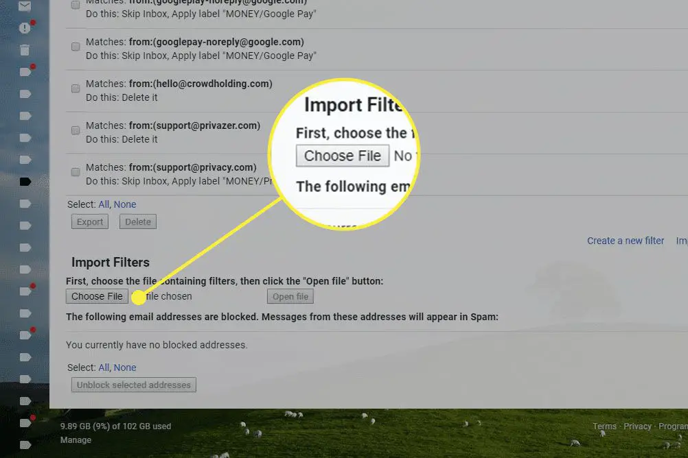 Een screenshot van de filterpagina van Gmail met de knop Bestand kiezen gemarkeerd