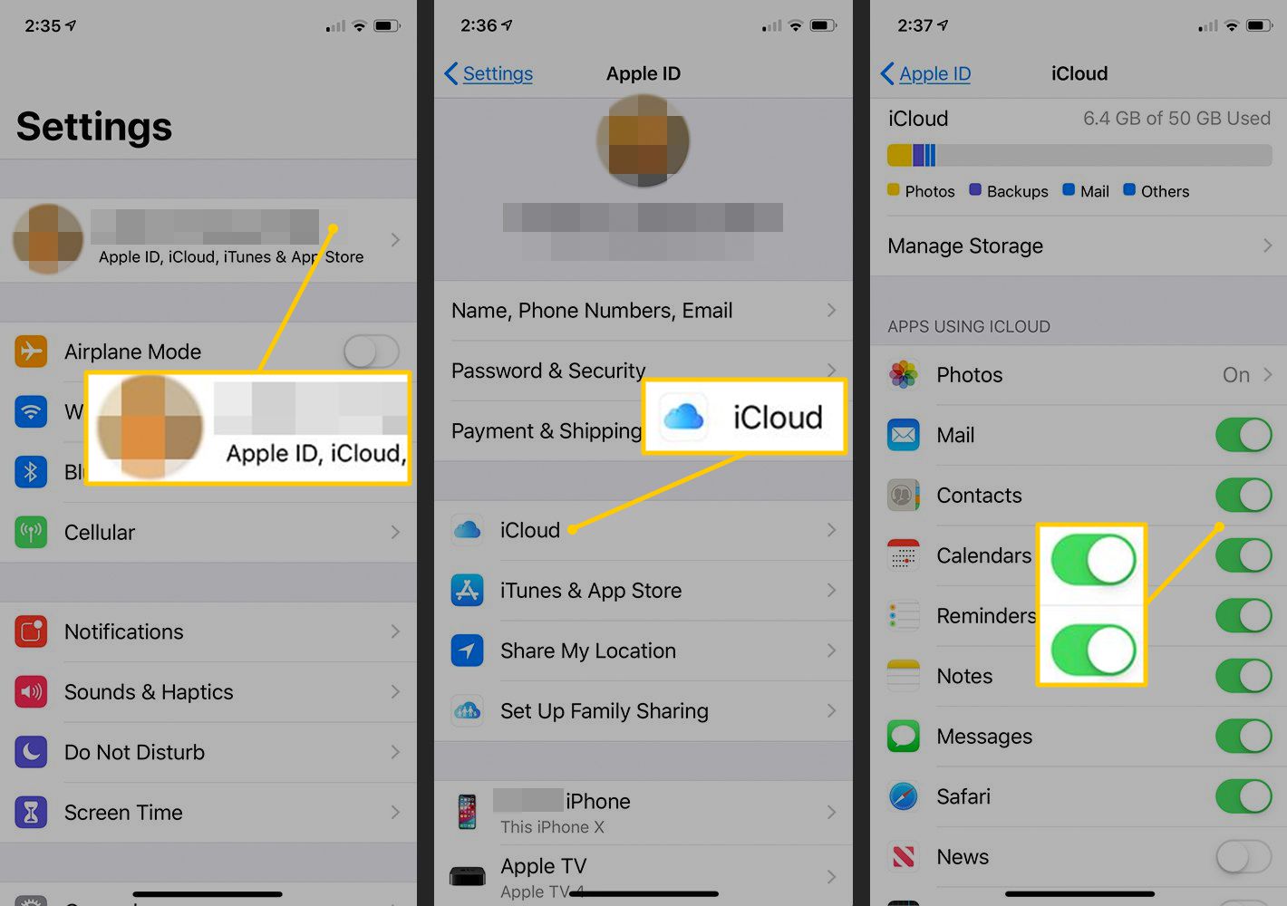 Apple ID, iCloud, schakelknoppen in iOS-instellingen