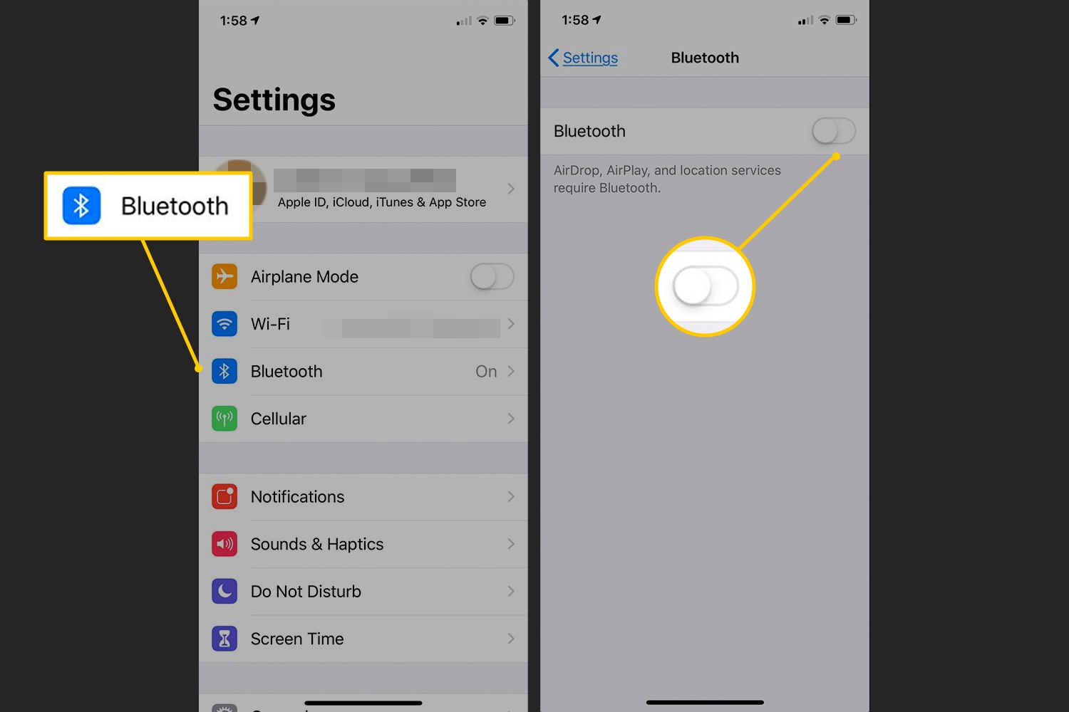 Bluetooth, schakel UIT in iOS-instellingen