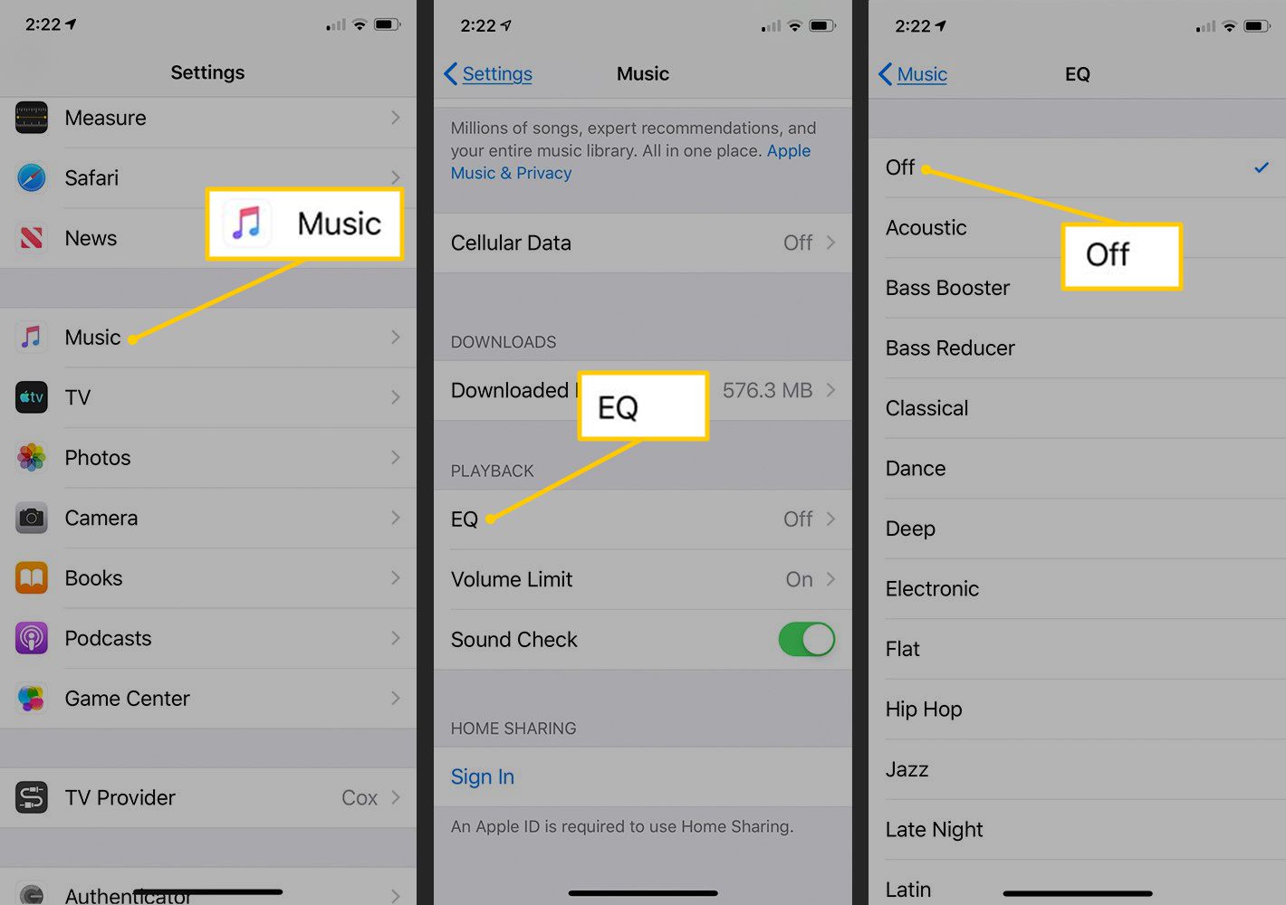 Muziek, EQ, Uit-knoppen in iOS-instellingen
