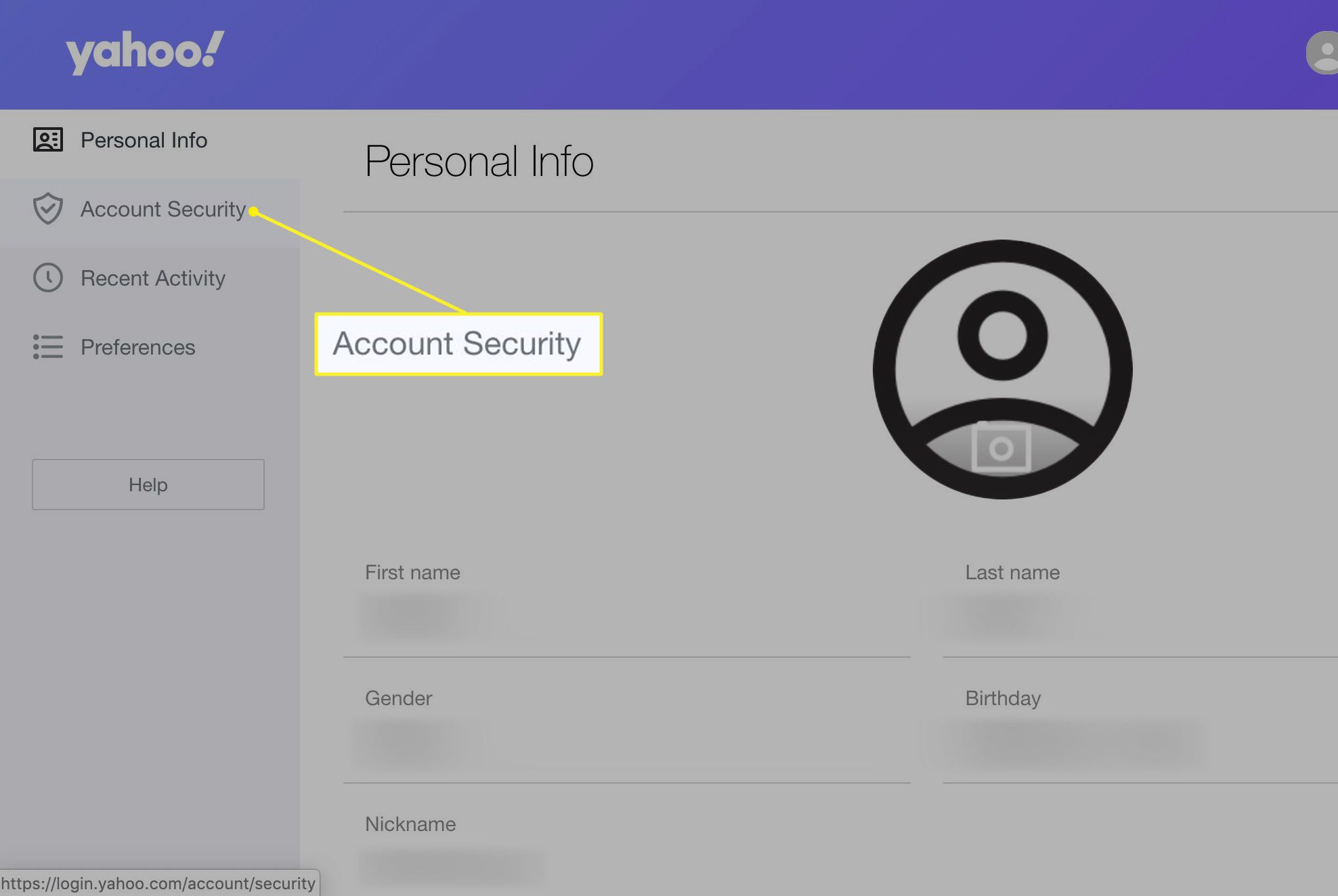 Yahoo Mail-accountgegevens met Accountbeveiliging gemarkeerd