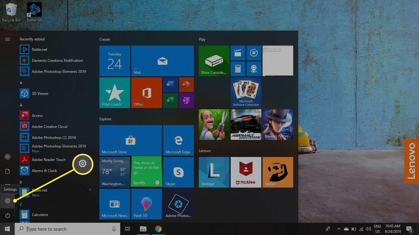 Selecteer het Windows-pictogram en selecteer vervolgens het tandwiel om uw Windows-instellingen te openen