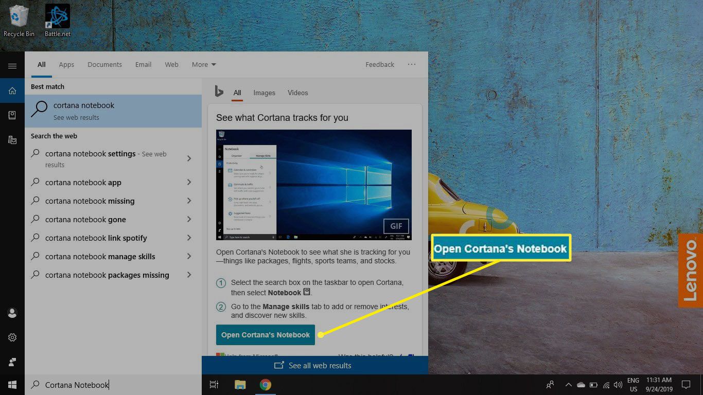 Typ Cortana-notebook in het Windows-zoekvak en selecteer Open Cortana's Notebook