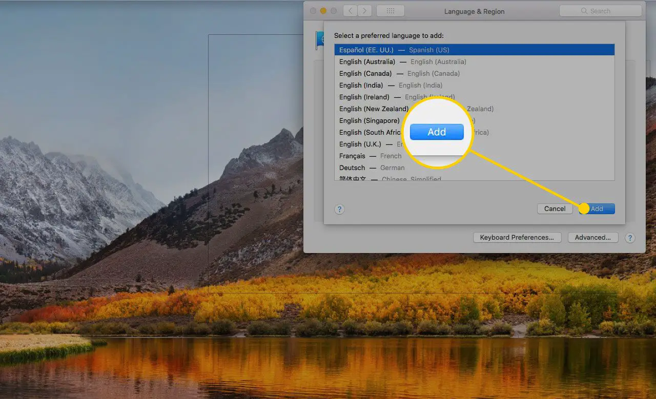 Talenscherm in macOS Systeemvoorkeuren met de knop Toevoegen gemarkeerd
