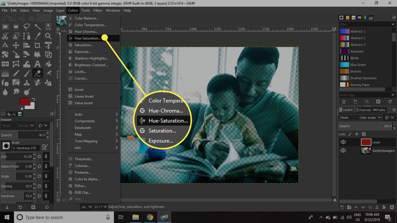 Een screenshot van GIMP met de opdracht Hue-Saturation gemarkeerd
