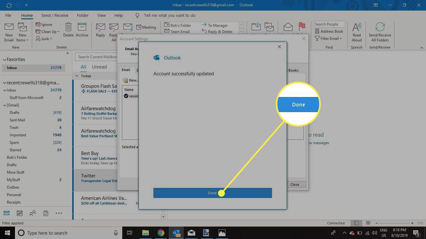 Een screenshot van het bevestigingsscherm van de accountupdate van Outlook met de knop Gereed gemarkeerd