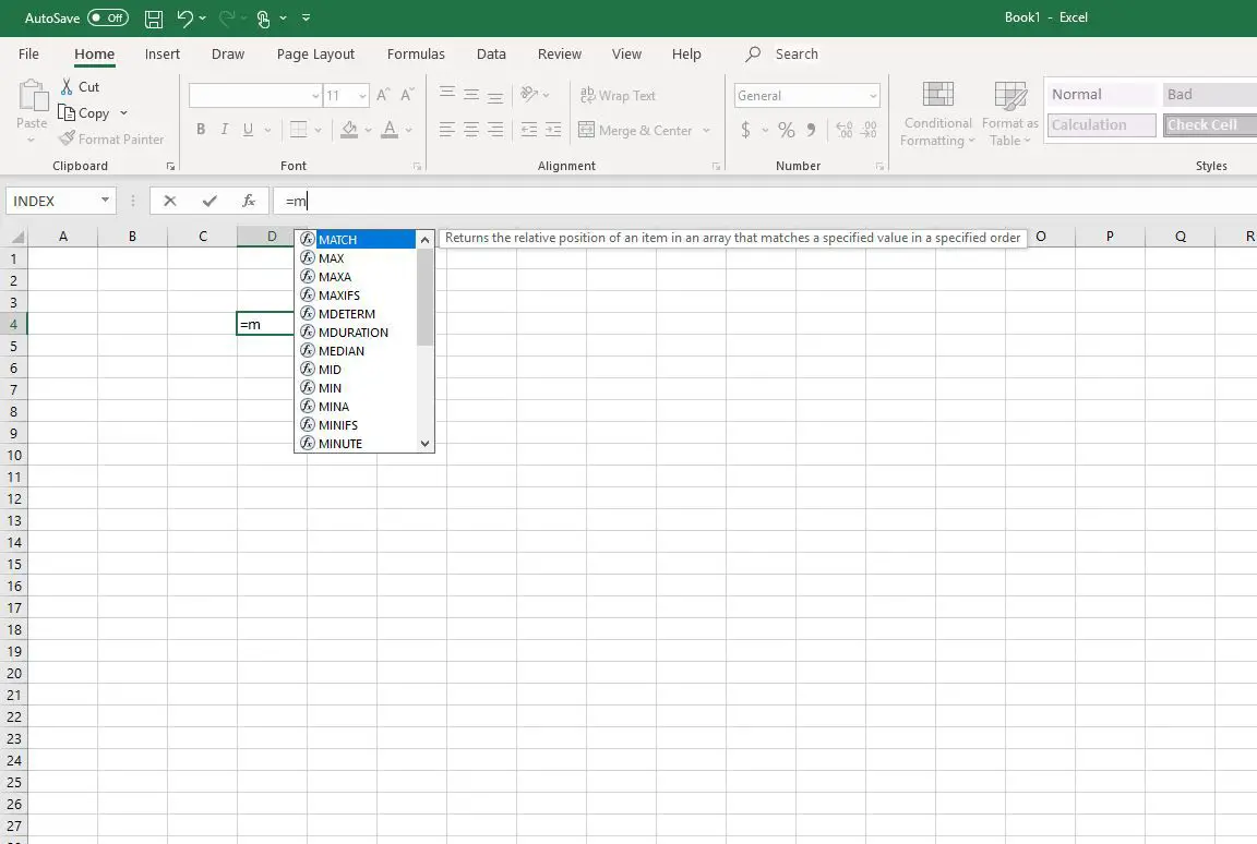 Functies die beginnen met M in Excel