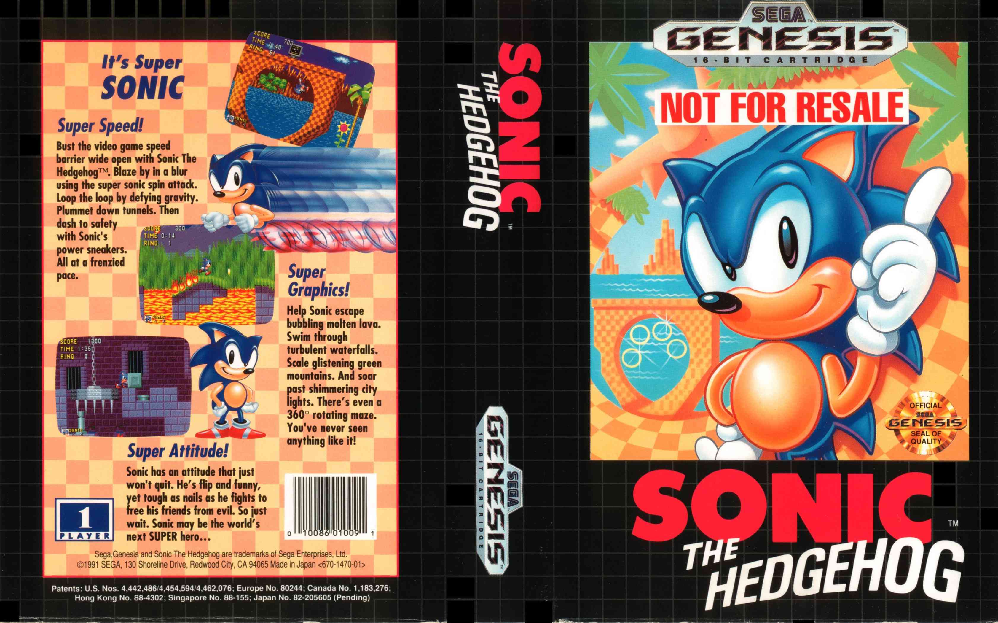 Sonic the Hedgehog cover art op de Sega Genesis.