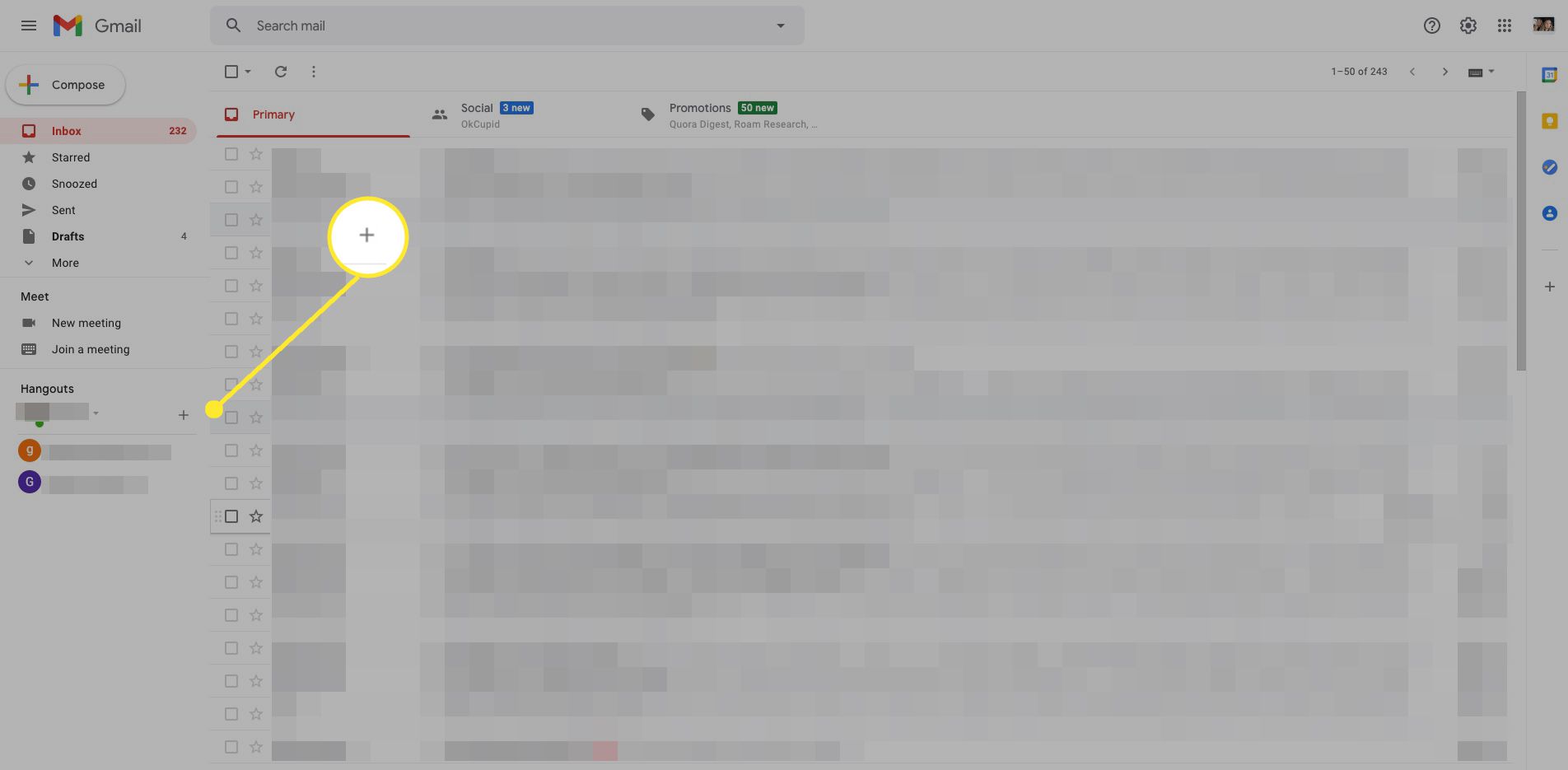 Gmail Hangouts met plusteken gemarkeerd