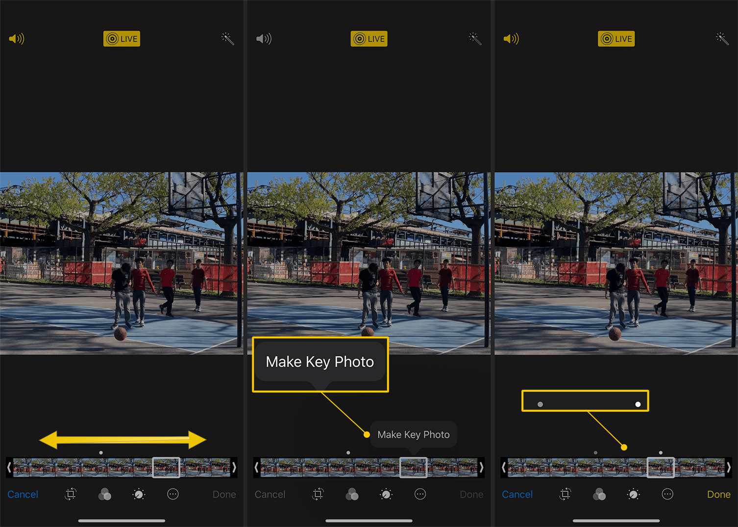 Veeg naar links/rechts, maak sleutelfoto, twee kaderstippen in Foto's voor iOS