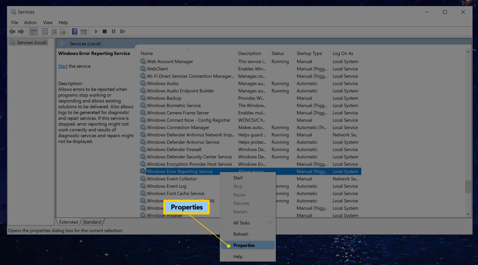 Submenu Eigenschappen in menu Windows Foutrapportageservices