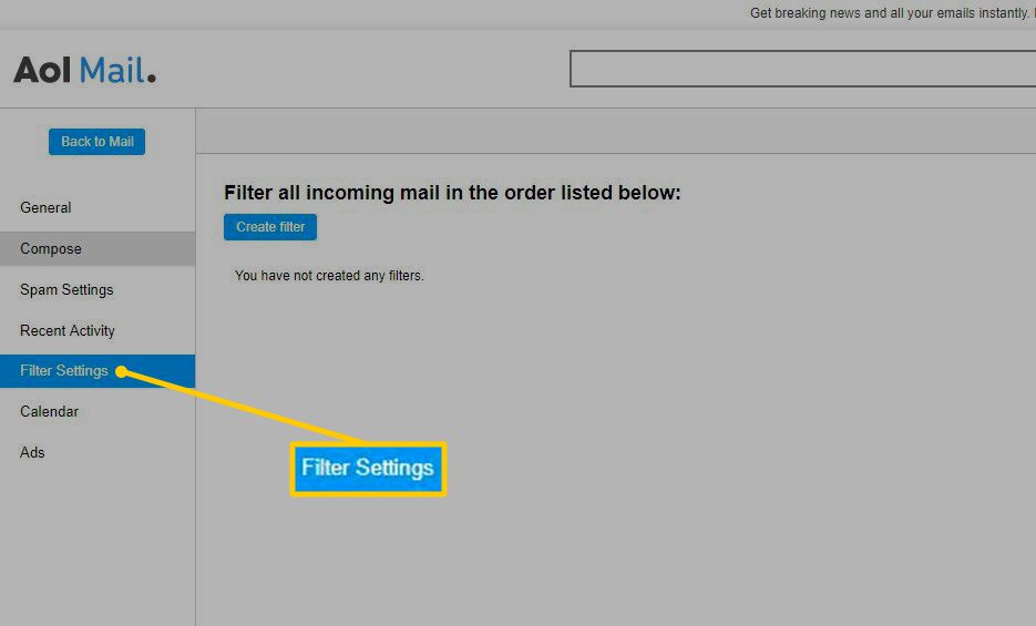 Optie Filterinstellingen in AOL Mail