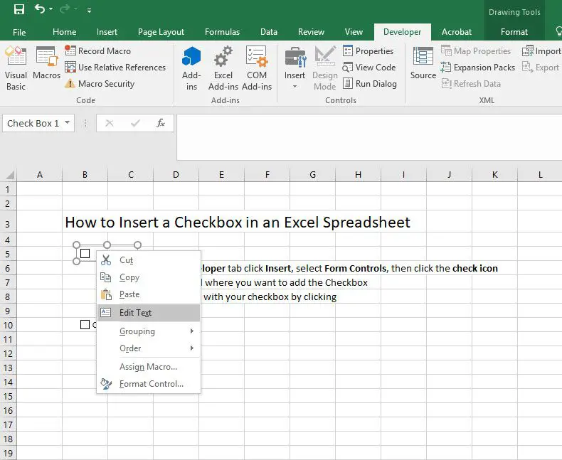 How To Insert Check Box In Excel Without Developer Tab